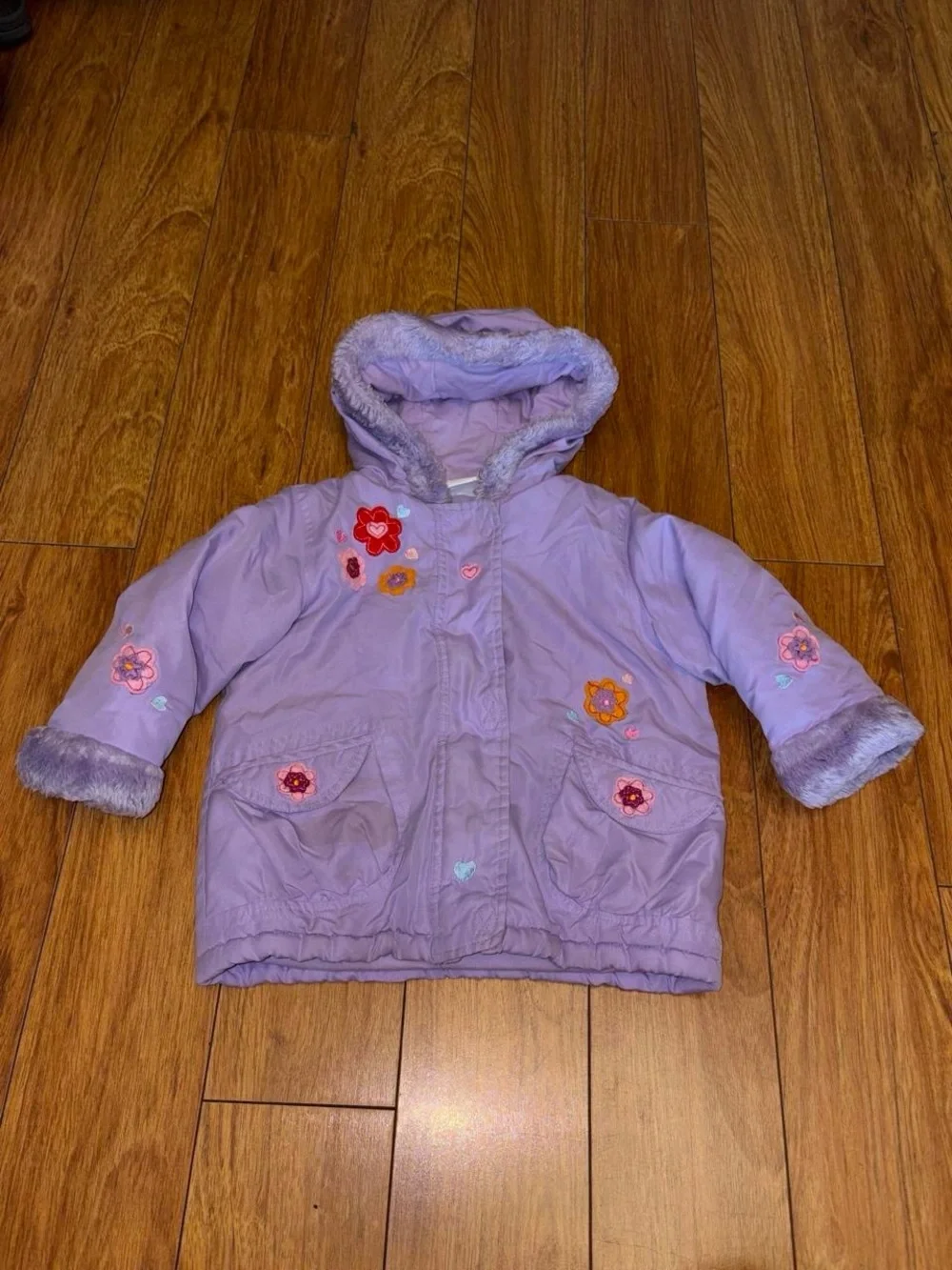 Y2K fur lined lavender puffer coat with floral design